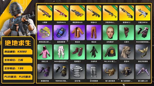 绝地求生（PUBG）【K3082】3段199级  信誉4  8级火麒麟  5级爆裂  5级无信号  4级赛博  4级ace  4级沙悟净  1级无重力  烟枪  烟弹  兰博suv  橙运动  悲喜