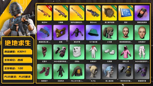 绝地求生（PUBG）【K3041】4段100级 信誉4  10级南瓜 7级火麒麟 5级德拉贡 2级霓虹 2级唐三藏锅 1图纸 烟弹烟枪 马丁 杜卡迪 白熊 悲喜 发光手 金面 丸子头 渔夫帽