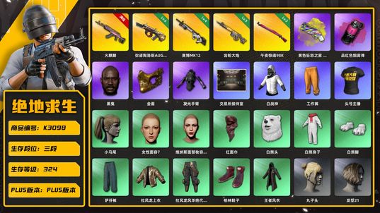 绝地求生（PUBG）【K3098】3段324级 信誉3 10级火麒麟 6级牛头 4级赛博 3级齿轮大炮 2级98k 烟枪 烟雾弹 黑鬼 金面 白战神 白熊 发光手