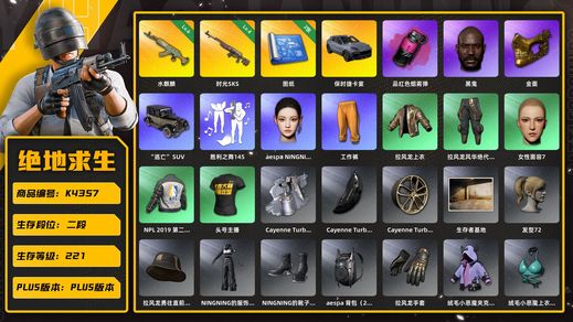 绝地求生（PUBG）[K4357]2段221级 信誉3 6级水麒麟 4级时光 烟弹 保时捷卡宴 拉风龙 25女团宁宁 黑鬼 金面