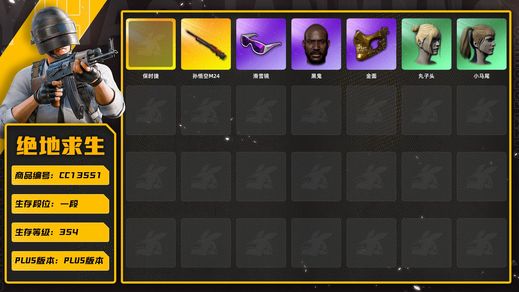 绝地求生（PUBG）[CC13551]CC13551/可排位/1段/354级/1张图纸/卡宴/6级孙悟空M24/黄运动/圣诞套装/滑雪镜/金面/黑鬼/双马尾/丸子头/白熊