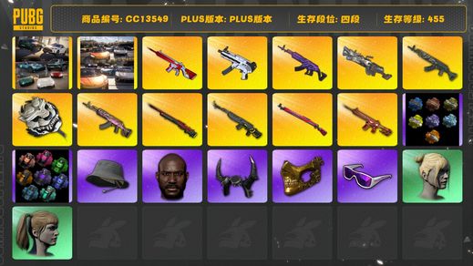 绝地求生（PUBG）[CC13549]CC13549/可排位/4段/455级/5张图纸/改名卡/烟枪/绿色烟雾弹/蓝色烟雾弹/橙色烟雾弹/3迈凯伦/2阿斯顿马丁跑车/阿斯顿马丁SUV/10级青龙/5级孙悟空M24/3级朱雀M4/2级刻耳M249/2级午夜惊魂98k/2级白虎锅/1级美杜莎/1级火麒麟/1级无信号M4/1级无重力/1级玄武sks/青龙异色/1套1代女团/布朗熊大礼包/粉战神/拉风龙套装/圣诞套装/萨芬裤