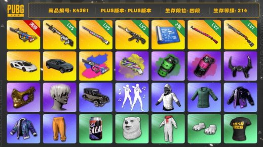 绝地求生（PUBG）[K4361]4段214级 信誉3 10级爆裂+异色 5级赛博 5级彩虹 3级恶魔 2级午夜 1级烈日 2图纸 烟弹烟枪 兰博跑车 suv  尼尔大礼包 