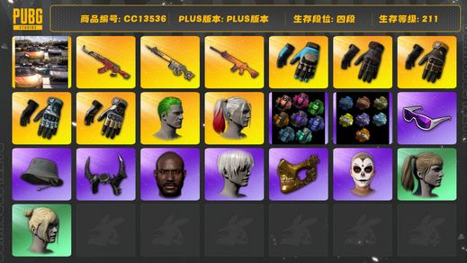 绝地求生（PUBG）[CC13536]CC13536/可排位/4段/211级/明月T/明月裤/金手指/k手套/蛋黄手套/雪花手套/玩具手套/烟枪/烟雾弹/迈凯伦/卡宴/小丑男/小丑女/10级南瓜M4/4级齿轮大炮/2级圣诞ak/minji女团/1套2代女团/2套1代女团/绿东/拉风龙套装/粉战神/染血运动裤/黄运动/萨芬裤/nh套装/滑雪镜/滑雪帽/金面/牛角/黑鬼/卡崔娜/尼尔头/双马尾/丸子头/脏辫/渔夫帽/白熊