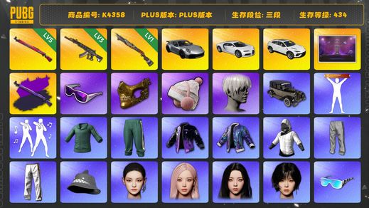 绝地求生（PUBG）[K4358]3段434级 信誉0 5级午夜+异色 3级妖魔 1级烈日 911  布加迪 兰博suv 新全套女团 9s 滑雪镜 金面 