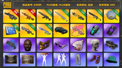 绝地求生（PUBG）[K3589]5段500级 信誉3 10级霓虹 10级朱雀 4级青龙 2级小兔 2级塞壬 2级沙悟净 1级玩偶 1级魔咒+异色 烟枪烟弹 马丁 黑鬼 滑雪镜 金面 丸子头 小马尾 染血裤 悲喜 小战神 拉风龙 新女团HAERIN