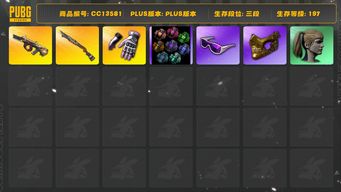 绝地求生（PUBG）[CC13581]CC13581/可排位/3段/197级/7张图纸/烟雾弹/小黑盒手套/小黑盒摩托夹克/9级弥诺陶洛斯AUG/1级烈日s1897/绿东/星魂套装/卧底套装/拉风龙套装/圣诞套装/小黄鸭/阿狸套装/滑雪镜/金面/牛角/双马尾/婚纱头/白熊/青海摇