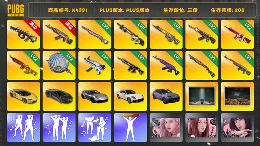 绝地求生（PUBG）[K4391]3段206级 信誉4 10级弥诺陶洛斯+异色 10级火麒麟 9级彩虹 8级赛博 3级齿轮大炮 2级恶魔 2级无信号 2级圣诞mini 2级塞壬锅 1级无重力 1级猪八戒 1级美杜莎 1级烈日喷 1级时光 烟枪烟弹 三保时捷 迈凯伦 红东 大魔王 斗鱼夹克 绿东 白熊脚 渔夫帽 牛角 康萨斯发带 金面 滑雪镜 丑女 尼尔9s 小马尾 丸子头 小粉头 25女团KARINA 黑鬼 一代女团