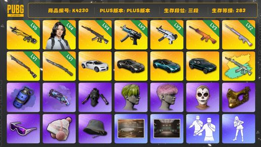 绝地求生（PUBG）[K4230]3段283级 信誉4 4级瀚娜 6级小兔 4级妖魔+异色 3级无重力 3级寒蚀MP5K 3级南瓜 2级玩偶大炮 1级猛虎 1级s1897 烟枪烟弹 三马丁 布加迪 陈列室 小绿头 粉头 小马尾 丸子头 金面 滑雪镜 布朗熊 内马尔