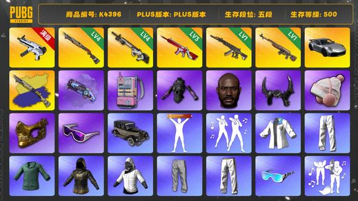 绝地求生（PUBG）[K4396]5段500级 信誉3 6级无重力 4级烈日喷+异色 4级赛博 3级无信号 1级妖魔 1级时光 烟枪 保时捷911 改名卡 拉风龙 绿东 萨芬裤 白战神 染血裤 发光手 白熊脚 电磁包 小马尾 黑鬼 牛角 金面 滑雪镜 60wBP