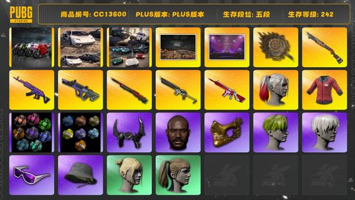 绝地求生（PUBG）[CC13600]CC13600/可排位/5段/242级/aespa舞台/后街车库/红东/1张图纸/2烟枪/烟雾弹/911/帕拉梅拉/卡宴/2兰博基尼SUV/阿斯顿马丁跑车/阿斯顿马丁SUV/杜卡迪/小丑女/10级美杜莎/10级霓虹AUG/6级沙悟净mini/5级孙悟空M24/2级唐三藏锅/1级无信号M4/1级列日s1897/无信号M4异色/4套3代女团//电磁背包/绿东/黄东/星魂套装/卧底套装