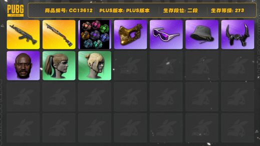 绝地求生（PUBG）[CC13612]CC13612/可排位/2段/273级/6张图纸/9000聚合物/绿色烟雾弹/粉色烟雾弹/卡宴/9级青龙/3级烈日s1897/绿东/黄东/星魂套装/白战神/滑雪镜/金面/牛角/黑鬼/双马尾/丸子头/脏辫/渔夫帽/