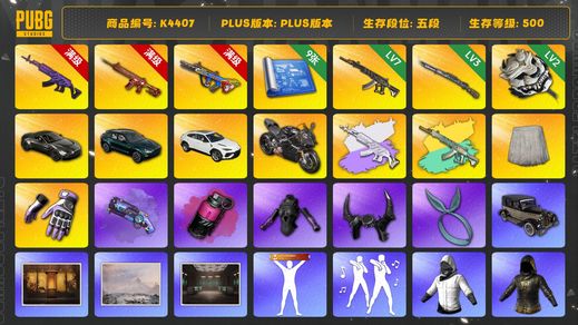 绝地求生（PUBG）[K4407]5段500级 信誉4 10级美杜莎+异色 10级朱雀 10级爆裂 7级妖魔+异色 3级猛虎 2级白虎锅 9图纸 烟枪烟弹 双马丁 兰博SUV 杜卡迪 白战神 小战神 悲喜 拉风龙 发光手 小绿东 小白裙 染血裤 白熊脚 小黑盒 牛角 康萨斯发带 渔夫帽 金面 滑雪镜 电磁包 白虎包 丑男丑女 尼尔9s 小粉头 小马尾 丸子头 黑鬼 二代女团4套 25女团宁宁 小黄鸭 西游记大礼包