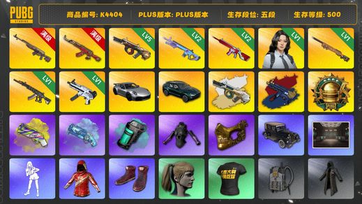 绝地求生（PUBG）[K4404] 5段500级 信誉5  马丁  911  瀚娜  6级时光  6级ak  5级弥诺陶洛斯+异色  2级魔咒  2级无信号  1级夜曲  1级妖魔  1级无重力+异色  猎手金标  烟枪烟弹  发光手  小马尾 金面