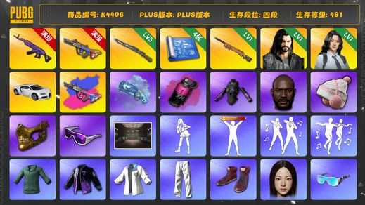 绝地求生（PUBG）[K4406]4段491级  信誉3  布加迪  10级美杜莎  10级爆裂+异色  5级猛虎  1级夜曲  1级多里安  1级瀚娜  烟枪烟弹  发光手  minji  黑鬼  金面  滑雪镜