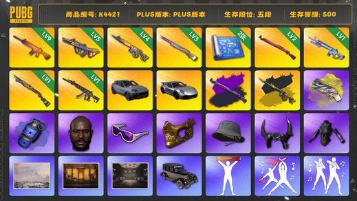 绝地求生（PUBG）[K4421]5段500级 信誉4 9级南瓜 5级爆裂 4级齿轮大炮+异色 3级彩虹 2级午夜+异色 1级魔咒 1级烈日 1级妖魔 烟弹烟枪 2图纸 卡宴 911  黑鬼 金面 滑雪镜 牛角 渔夫帽 