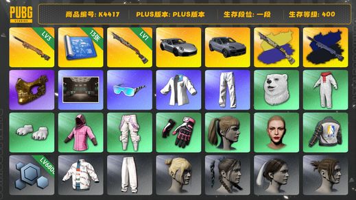绝地求生（PUBG）[K4417]1段128级 信誉3 3级夜曲+异色 1级s1897+异色 13图纸 保时捷911 卡宴 白熊 小马尾 丸子头 