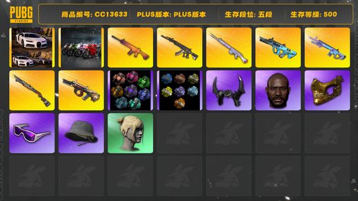 绝地求生（PUBG）[CC13633]CC13633/可排位/5段/500级/1张图纸/烟枪/烟雾弹/2布加迪/杜卡迪/10级弥诺陶洛斯AUG/10级南瓜M4/5级玩偶大炮/3级妖魔ACE/2级魔咒mk12/1级权志龙AUG/1级烈日s1897/弥诺陶洛斯AUG异色/权志龙AUG异色/魔咒mk12异色/1套3代女团/2套2代女团/电磁背包/绿东/卧底套装/拉风龙套装/圣诞套装/滑雪镜/滑雪帽/金面/牛角/黑鬼/丸子头