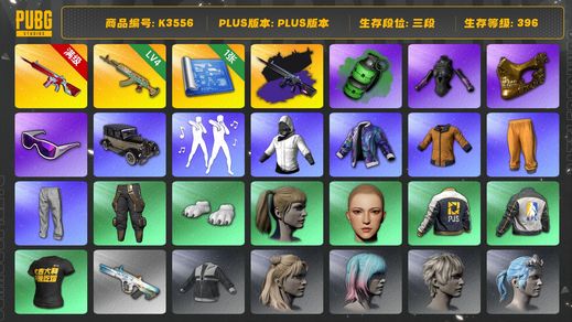 绝地求生（PUBG）[K3556]3段396级 信誉3 10级无信号+异色 4级水麒麟 1图纸  1烟弹 滑雪镜 白战神 黄东 拉风龙 染血裤 小马尾 丸子头 金面 发光手 