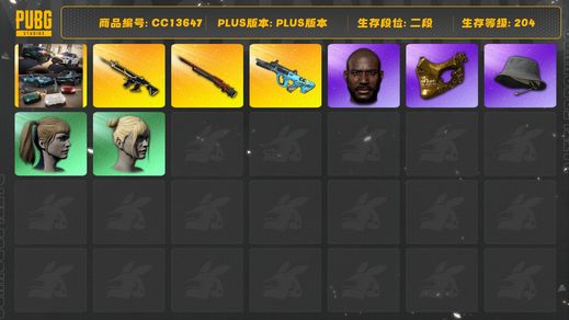 绝地求生（PUBG）[CC13647]CC13647/可排位/2段/204级/17张图纸/阿斯顿马丁跑车/6级猪八戒M4/2级孙悟空M24/1级权志龙AUG/发光手臂/反光夹克/金面/黑鬼/双马尾/丸子头/2渔夫帽/青海摇