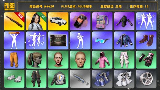 绝地求生（PUBG）[K4426]3段15级 信誉2 10级孙悟空 兰博suv 瀚娜 电磁包  