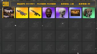 绝地求生（PUBG）[CC13671]CC13671/可排位/2段/69级/武器神龛/2张图纸/布加迪/6级猪八戒M4/3级爆裂弹珠AUG/电磁背包/绿东/黄东/白战神/圣诞套装/粉战神/卧底套装/黑鬼/尼尔头/双马尾/白熊/