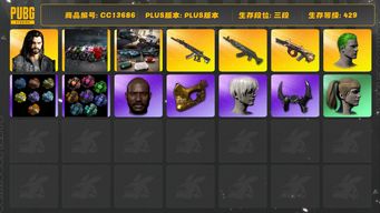 绝地求生（PUBG）[CC13686]CC13686/可排位/3段/429级/烟雾弹/烟枪/多利安/911/阿斯顿马丁跑车/阿斯顿马丁SUV/杜卡迪/小丑男/10级青龙/10级弥诺陶洛斯AUG/6级妖魔ACE/青龙异色/弥诺陶洛斯AUG异色/妖魔ACE异色/绿东/黄东/星魂套装/白战神/染血运动裤/粉战神/拉风龙套装/圣诞套装/pro套装/nh套装/金面/牛角/黑鬼/尼尔头/双马尾/脏辫/白熊/