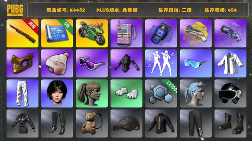 绝地求生（PUBG）[K4432]2段454级（未开通排位） 信誉5 10级孙悟空  杜卡迪 5图纸 烟弹烟枪 金面 滑雪镜 女团宁宁