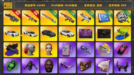 绝地求生（PUBG）[k4450]5段500级 信誉4 10级霓虹 10级无信号+异色 9级彩虹 6级火麒麟 4级无重力+异色 2级白虎 烟弹烟枪 丑女 全套新女团 全套一代女团 三兰博 布加迪 尼尔大礼包 黑鬼 金面 滑雪镜 牛角 渔夫帽