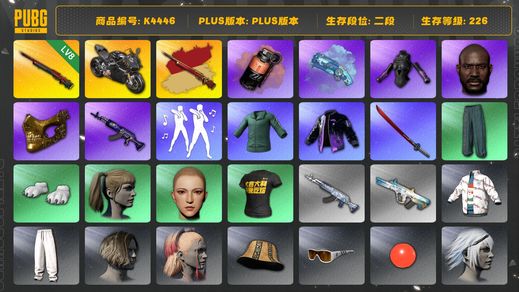 绝地求生（PUBG）[K4446]2段226级 信誉4 杜卡迪 8级孙悟空+异色 黑鬼 金面 尼尔 烟枪 烟雾弹 