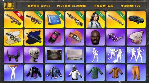 绝地求生（PUBG）[K4463]5段500级 信誉3 10级火麒麟 7级牛头+异色 2级赛博 1级彩虹 夜曲异色 烟弹烟枪 2图纸 兰博suv 瀚娜 滑雪镜 黑鬼 牛角 9s 星魂套 