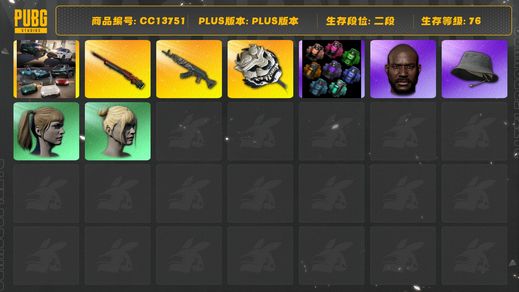 绝地求生（PUBG）[CC13751]CC13751/可排位/2段/76级/2张图纸/粉色烟雾弹/橙色烟雾弹/阿斯顿马丁SUV/8级青龙/2级孙悟空M24/2级白虎锅/电磁背包/小战神/粉战神/白战神/圣诞套装/黑鬼/双马尾/丸子头/86渔夫帽/爱的主打歌
