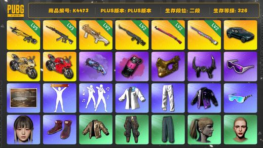 绝地求生（PUBG）[K4473]2段326级 信誉4 5级小兔 3级妖魔 2级DBS 2级玄武 2级午夜 2级彩虹 烟枪烟弹 马丁SUV 杜卡迪 拉风龙 萨芬裤 小马尾 丸子头 金面 牛角 滑雪镜 24女团HANNI