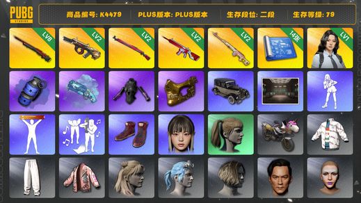 绝地求生（PUBG）[K4479] 2段79级 信誉4 1级瀚娜 8级孙悟空 2级牛头 2级午夜 2级无信号 2级德拉贡 烟枪烟弹 14图纸 吴彦祖 金面 发光手 HANNI