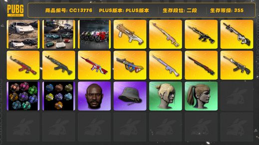 绝地求生（PUBG）[CC13776]CC13776/可排位/2段/355级/烟枪/烟雾弹/兰博基尼跑车/兰博基尼SUV/2阿斯顿马丁跑车/阿斯顿马丁SUV/2杜卡迪/7级青龙/3级猪八戒M4/3级玩偶大炮/1级孙悟空M24/1级爆裂弹珠AUG/1级无信号M4/1级恶魔ACE/1级圣诞ak/1级DBS/1级赛博MK12/1级德拉贡/恶魔ACE异色/圣诞ak异色/赛博MK12异色/白战神/小战神/圣诞套装/拉风龙套装/