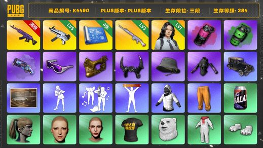 绝地求生（PUBG）[K4490]3段384级 信誉3 10级美杜莎  5级无重力 3级玩偶大炮 烟弹烟枪 4图纸 金面 滑雪镜 牛角 发光手 渔夫帽 