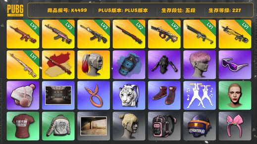 绝地求生（PUBG）[K4499]5段227级 信誉2 5级朱雀 3级火麒麟 3级恶魔 2级悟空+异色 2级弥诺陶洛斯 1级沙悟净 1级小兔 1级德拉贡 烟弹 丑女 发光手 小粉头 丸子头 滑雪镜 橙发带 白虎包