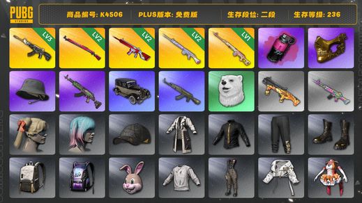 绝地求生（PUBG）[K4506] 2段236级 3级恶魔 2级午夜 2级无信号 2级玩偶 1级德拉贡 烟弹 金面 渔夫帽