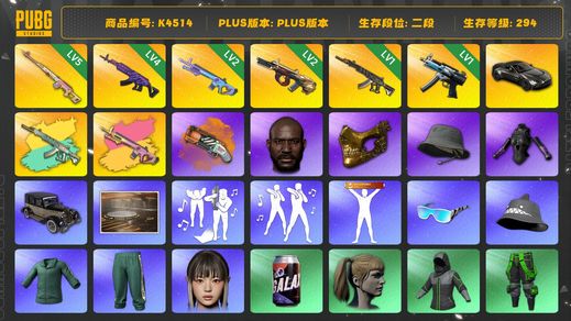 绝地求生（PUBG）[K4514]2段494级 信誉3 5级德拉贡 4级美杜莎 2级魔咒+异色 2级牛头 1级妖魔+异色 1级寒蚀 马丁跑车 黑鬼 金面 渔夫帽 改名卡 陈列室 
