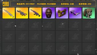 绝地求生（PUBG）[CC13827]CC13827/可排位/3段/232级/7级爆裂弹珠AUG/1级美杜莎/1级玩偶大炮/无重力在工坊/黄东/白战神/圣诞套装/萨芬裤/滑雪镜/金面/黑鬼/双马尾/白熊