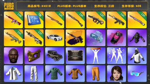 绝地求生（PUBG）[K4518]3段406级 信誉4 9级无信号+异色 1级夜曲 1级烈日喷 1级弥诺陶洛斯 1级恶魔 1级彩虹 1级水麒麟 1级赛博 烟枪烟弹 白战神 绿东 黄东 萨芬裤 发光手 白熊脚 丸子头 小马尾 黑鬼 金面 24女团HYEIN