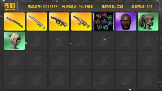 绝地求生（PUBG）[CC13834]CC13834/可排位/2段/309级/4张图纸/烟雾弹/7级弥诺陶洛斯AUG/1级水麒麟/1级玩偶大炮/1级猛虎98k/1套3代女团/星魂套装/卧底套装/黑鬼/双马尾/丸子头/青海摇