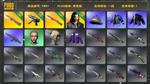 绝地求生（PUBG）[TB91] 1段1级（免费版）夜曲M24 丸子头 寒蚀MP5K 幽影残魂AWM 多利安 aespa女团 小叮当套装