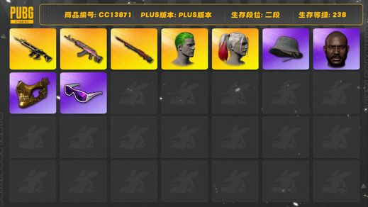 绝地求生（PUBG）[CC13871]CC13871/可排位/2段/238级/21张图纸/18000聚合物/小丑女/小丑男/3级火麒麟/1级猪八戒M4/1级孙悟空M24/火麒麟异色/粉战神/黄运动/滑雪镜/滑雪帽/金面/黑鬼/脏辫/渔夫帽