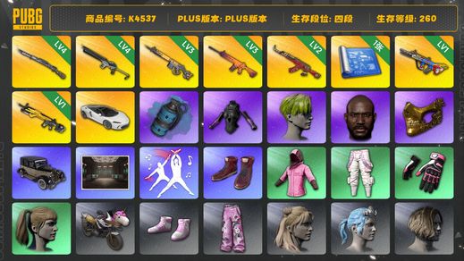 绝地求生（PUBG）[K4537]4段280级 信誉2 4级猛虎 4级沙悟净 3级齿轮大炮 3级南瓜 2级AK 1级爆裂 1级小兔 烟雾弹 小绿头 黑鬼 金面 马东锡 迈凯伦