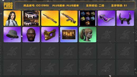 绝地求生（PUBG）[CC13905]CC13905/可排位/2段/51级/武器神龛/2张图纸/烟枪/布加迪/瀚娜/10级火麒麟/4级夜曲M24/电磁背包/1套3代女团/小黑盒夹克/绿东/星魂套装/粉战神/滑雪镜/金面/牛角/黑鬼/双马尾/脏辫/2渔夫帽/白熊