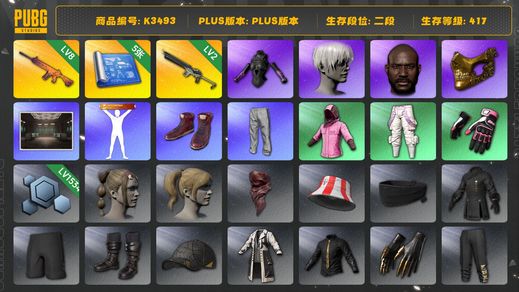 绝地求生（PUBG）[K3493] 2段417级 信誉2 8级南瓜 2级沙悟净 5图纸 染血裤 黑鬼 金面 悲喜 发光手 人形看板