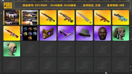 绝地求生（PUBG）[CC13920]CC13920/可排位/3段/286级/改名卡/烟枪/1张图纸/迈凯伦/布加迪/卡宴/9级无信号M4/4级火麒麟/2级圣诞ak/1级权志龙AUG/1级妖魔ACE/1级1级玩偶大炮/无信号M4异色/电磁背包/绿东/黄东/星魂套装/拉风龙套装/粉战神/黄运动/快手摩托夹克/萨芬裤/滑雪镜/滑雪帽/金面/黑鬼/双马尾/丸子头/2渔夫帽/白熊