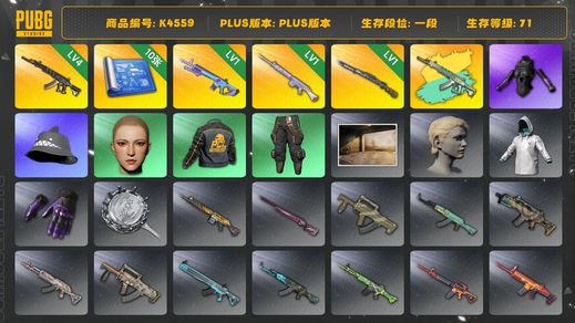 绝地求生（PUBG）[K4559]一段71级   信誉2  4级妖魔+异色  1级魔咒  1级玩偶  1级猛虎  10图纸  拉风龙  发光手