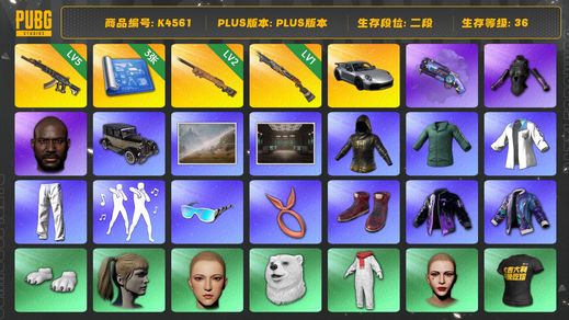 绝地求生（PUBG）[K4561]2段36级 信誉1 5级妖魔 2级夜曲 1级烈日喷 烟枪 保时捷911 发光手 绿东 白熊脚 小马尾 丸子头 黑鬼